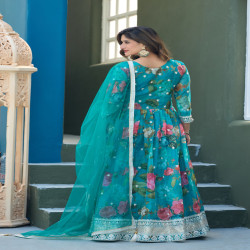 Premium Designer Floral Printed Taby Silk Readymade Gown with Net Dupatta
